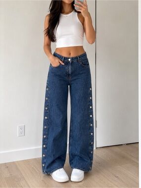 10 Crosby Derek Lam Dark Blue High-Rise Wide Leg Snap-Trim Jeans